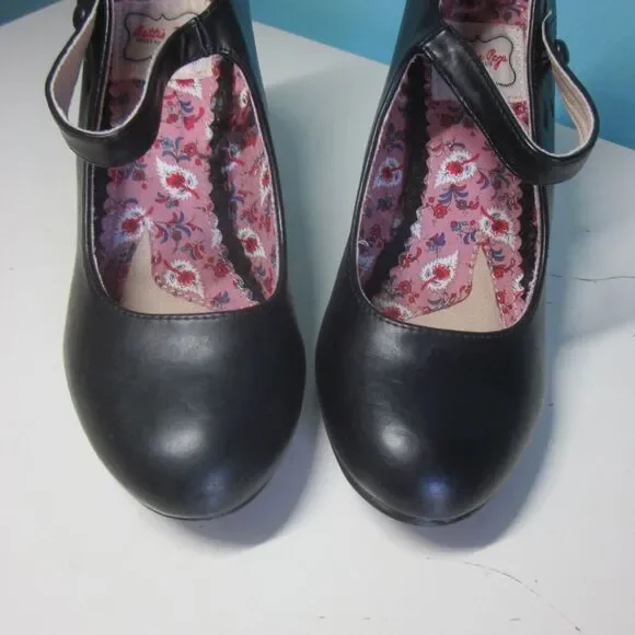 Bettie Page Shoes by Ellie Women Size 7 Black Leather Mary Jane Strap 3.5" Heels - Picture 5 of 15